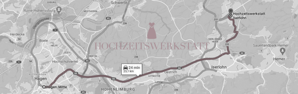 Route und Entfernung von Hagen zur HOCHZEITSWERKSTATT in Iserlohn
