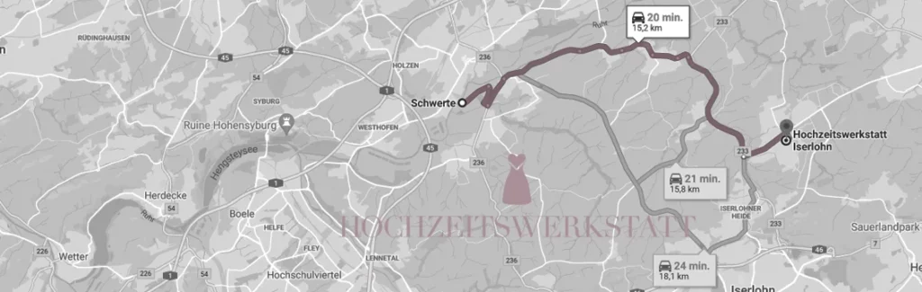 Entfernung und Route von Schwerte zur HOCHZEITSWERKSTATT in Iserlohn