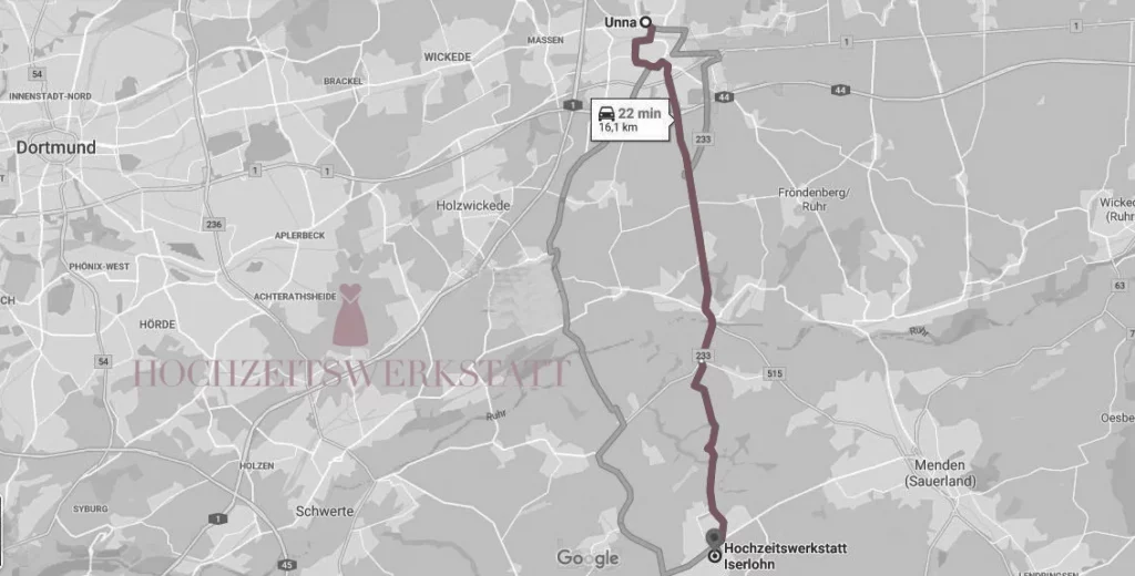 Route und Entfernung von Unna zur HOCHZEITSWERKSTATT in Iserlohn